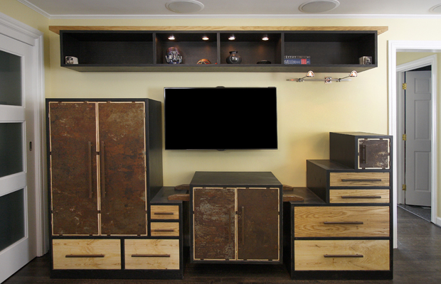 Re-purposed wood used in home cabinet furnishings.